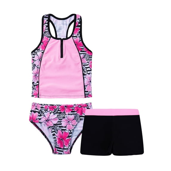 INHZOY 3 Pieces Girls Tankini Swimsuit Set Summer Bathing Suit Floral Hawaii Beach Swimwear,Sizes 4-16 Pink 10