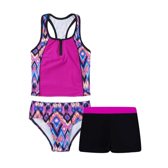 INHZOY 3 Pieces Girls Tankini Swimsuit Set Summer Bathing Suit Floral Hawaii Beach Swimwear,Sizes 4-16 Rose Red 4