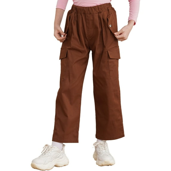 INHZOY Kids Girls Cargo Jogger Pants 4 Pockets Cotton Fashion Bottoms with Drawstring Brown 10
