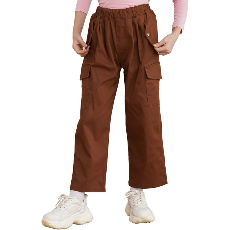 INHZOY Kids Girls Cargo Jogger Pants 4 Pockets Cotton Fashion Bottoms with  Drawstring Brown 12