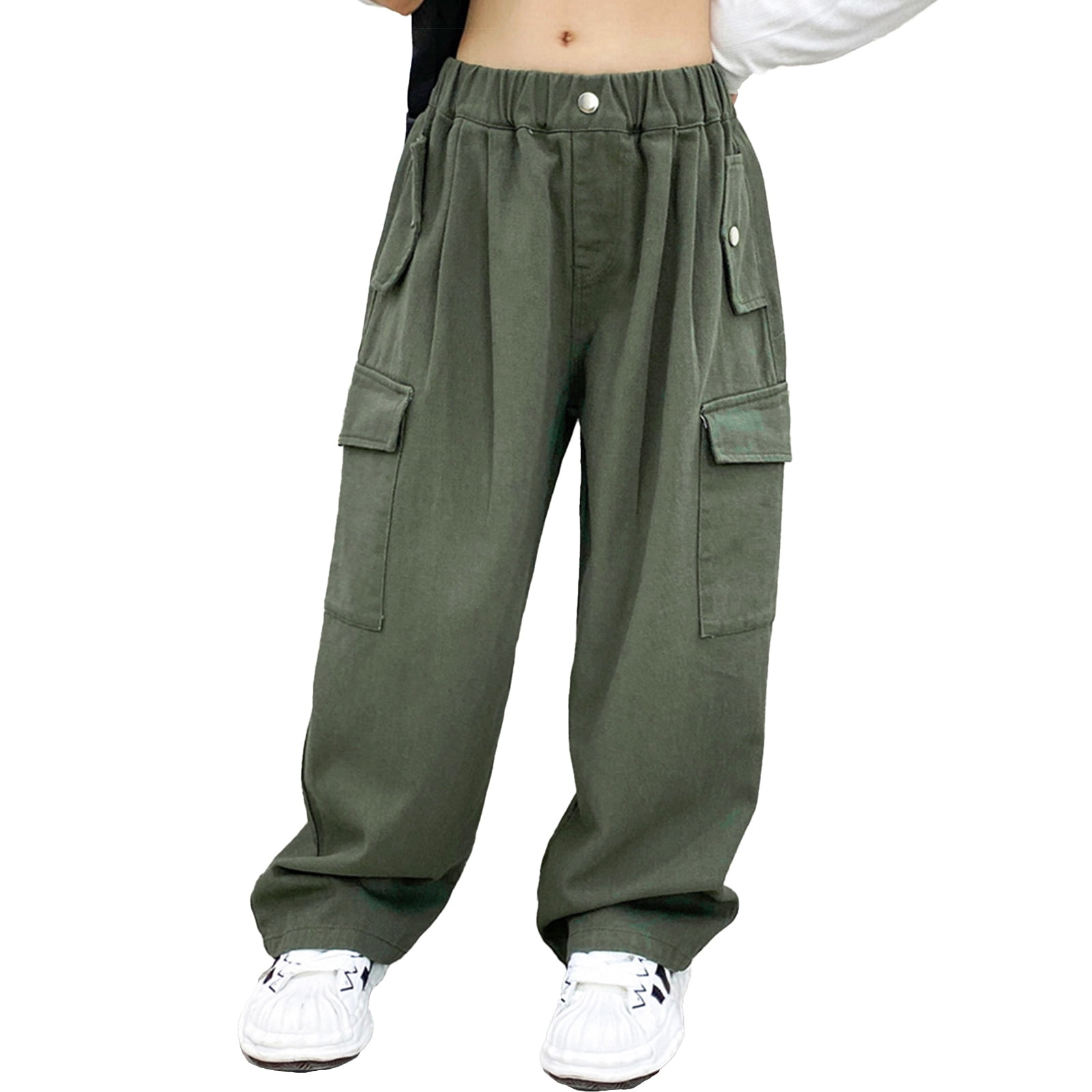 Fashion INHZOY with Pants Green Cargo Jogger 6 Pockets Girls Cotton Kids Bottoms Drawstring 4