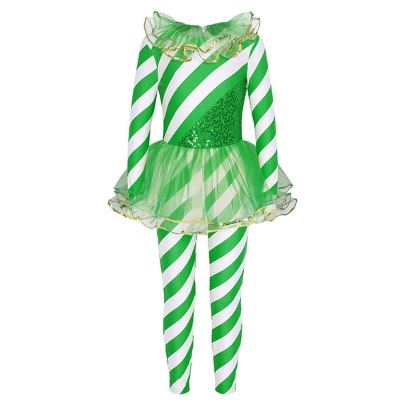 INHZOY Kids Girls Christmas Performance Outfits Candy Cane Striped Jumpsuit Unitard Green-A 10