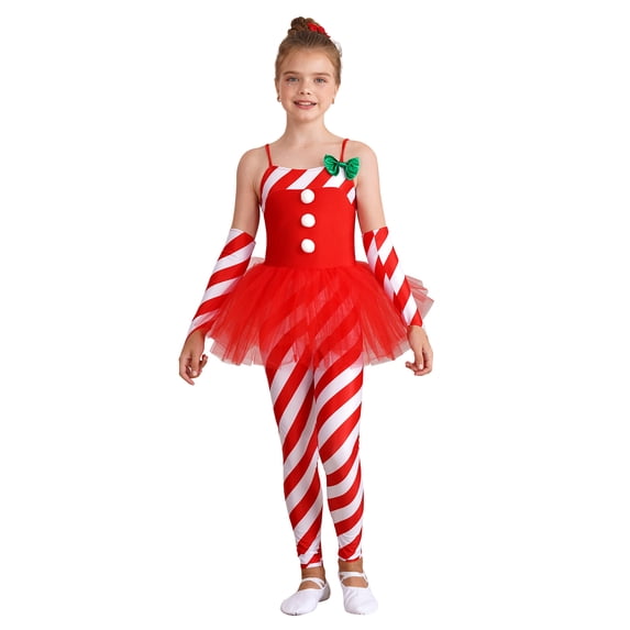 INHZOY Kids Girls Christmas Performance Outfits Candy Cane Striped Jumpsuit Unitard Red-D 14