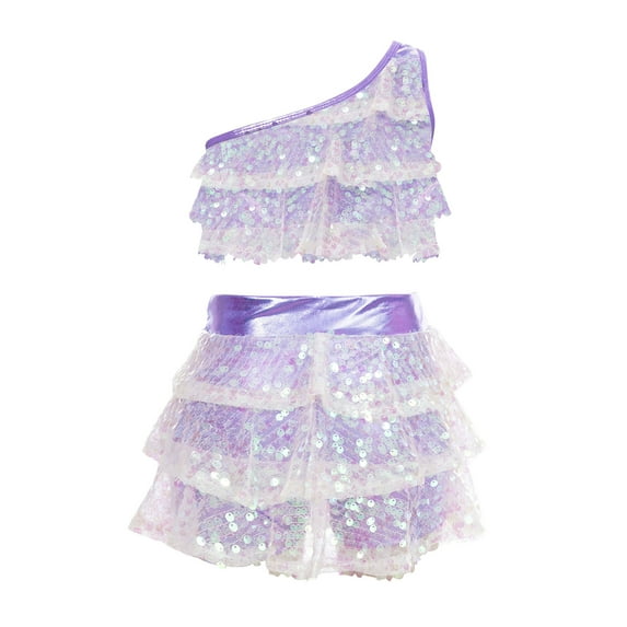 INHZOY Kids Girls Latin Jazz Dance Outfits Shiny Sequins Crop Tops with Tutu Skirt LightPurple-A 4