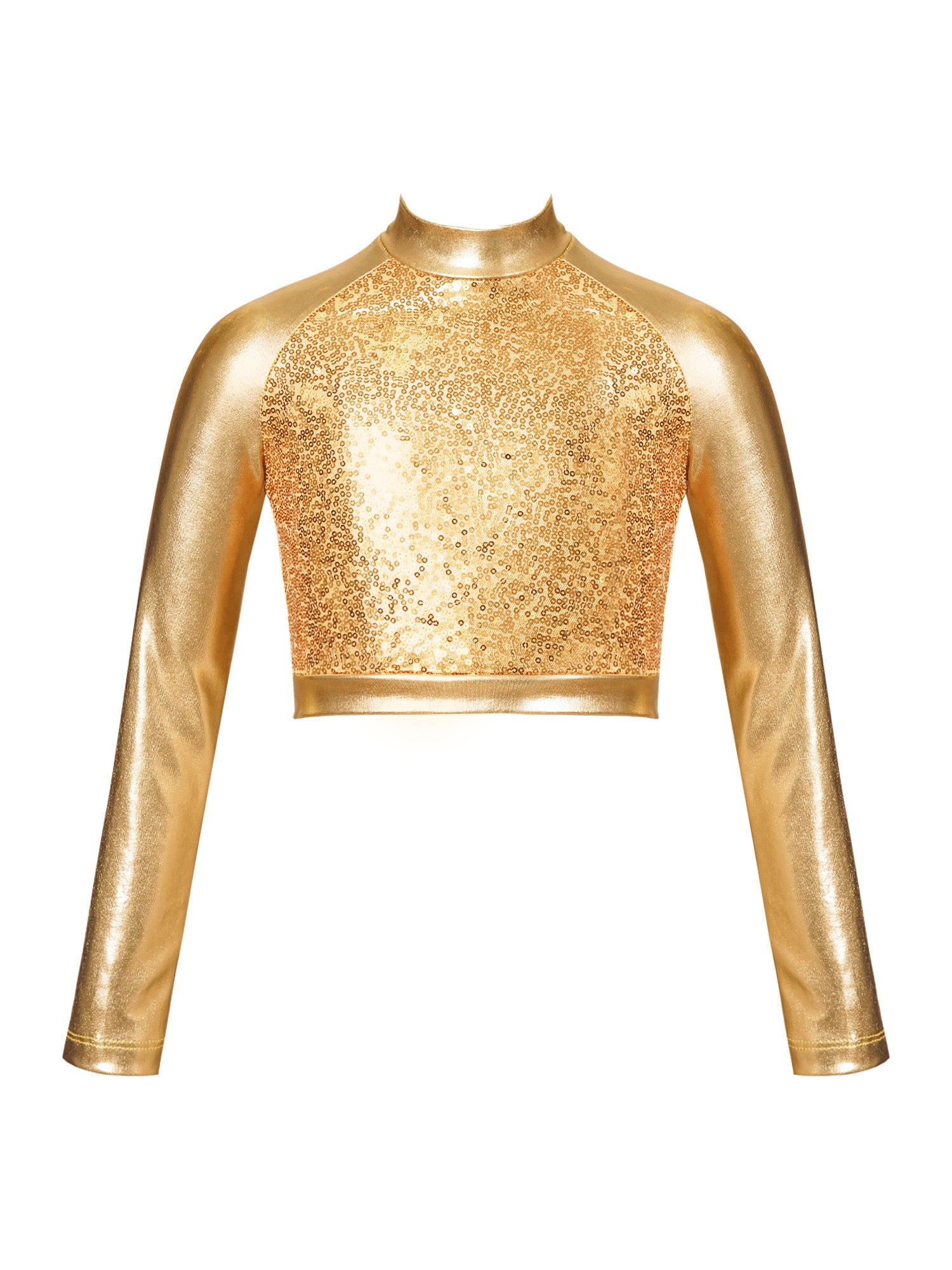 INHZOY Kids Girls Long Sleeves Crop Tops Shiny Metallic
