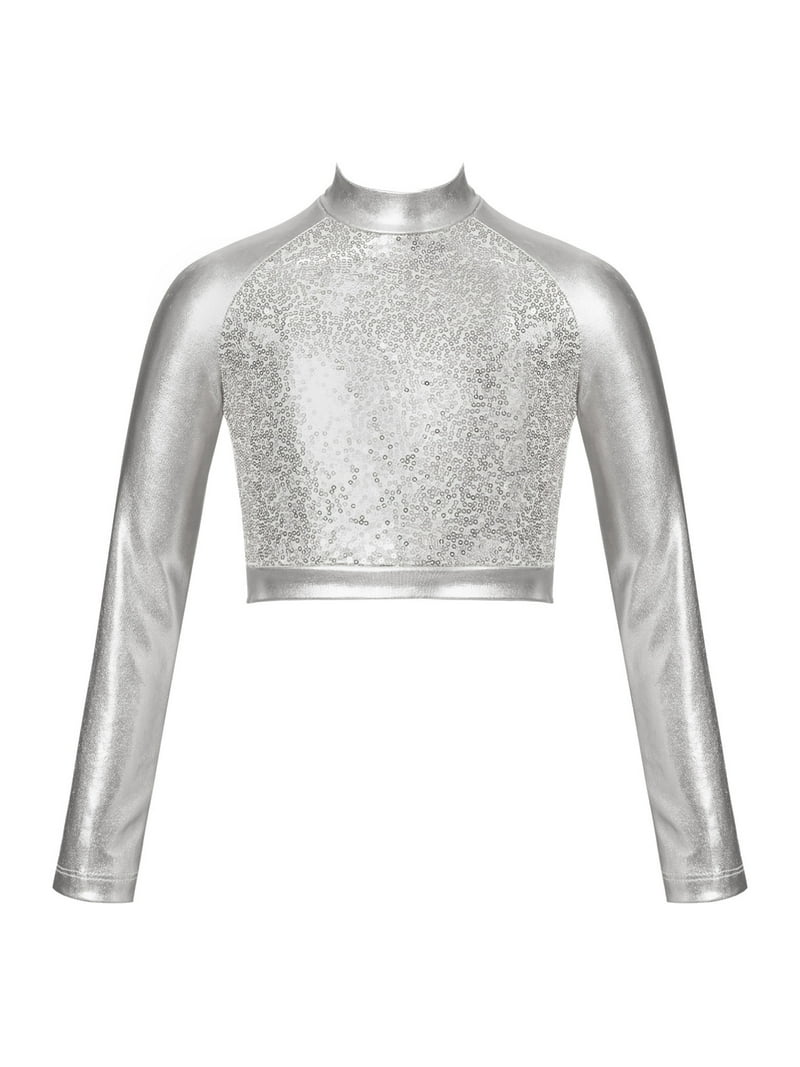 INHZOY Kids Girls Long Sleeves Crop Tops Shiny Metallic