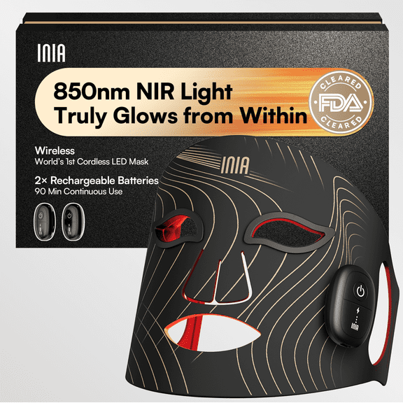 INIA Wireless Red Light Therapy Mask for Face, Near-Infrared (NIR) LED Skincare Mask, Rechargeable Ergonomic Design for Home & Travel