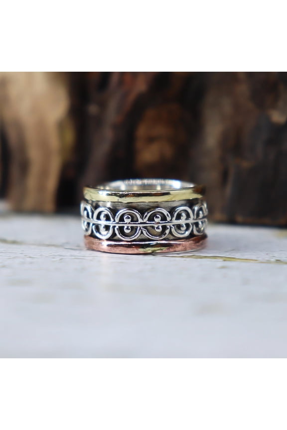 925 Sterling Silver Ring, Boho Spinner Ring,Meditation Ring,Hammered Ring,Wide Band Ring,Gift for Her Ring,Infinity Multi Metal Spinner Ring
