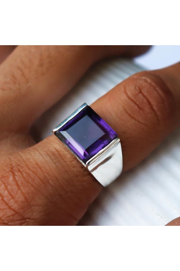 Amethyst Sterling Silver Signet Ring for Men | 925 Silver Purple Gemstone Ring | Handmade February Birthstone Statement Jewelry