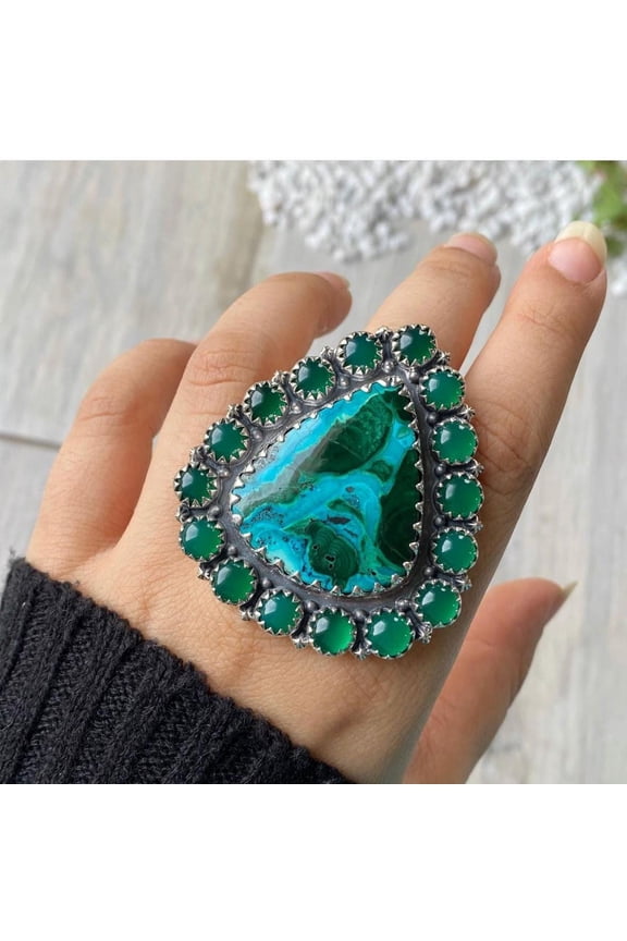 Azurite Malachite With Green Onyx Ring, 925 Sterling Silver Ring, Handcrafted statement Ring, Boho Ring, Silver Ring, Gift For Her Ring,****