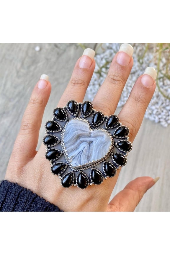 Blue Lace Agate With Black Onyx Ring, Statement Handcrafted Ring. made In 925 Sterling Silver. Boho Ring, Stone Ring, Boho Jewelry Gift Ring