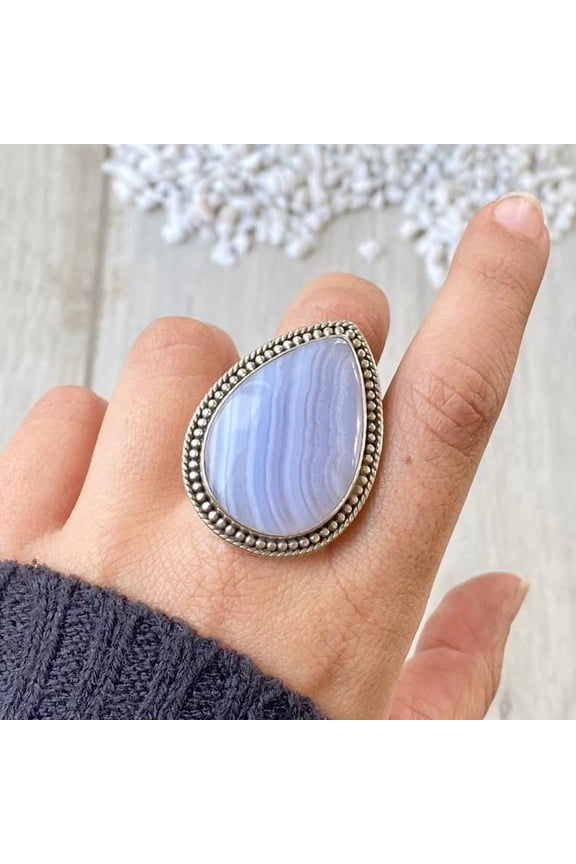 Blue Lace Agate Ring , Gemstone Ring, Statement Handcrafted Ring. made In 925 Sterling Silver. Boho Ring, Stone Ring, Boho Jewelry Gift Her.