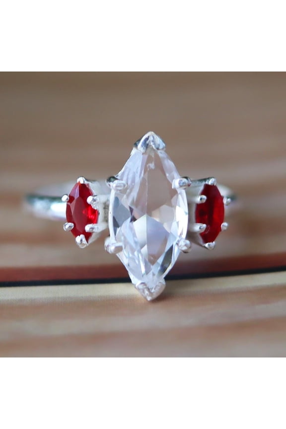 Clear Quartz Marquise Ring, Ruby Ring, 925 Silver Ring, Prong Setting Ring, Minimalist Ring, Three Stone Ring, Promise Ring, Vintage Ring