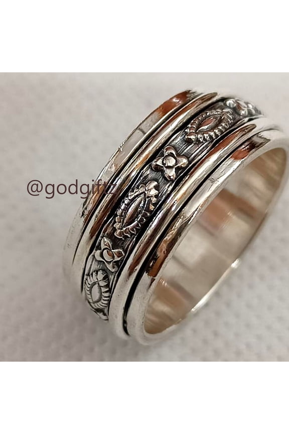 Engraved 925 Sterling Silver Designer Twisted Spinner Ring For Women, Handmade Two Tone Flower Band Ring For Her, Silver Fidget Anxiety Ring