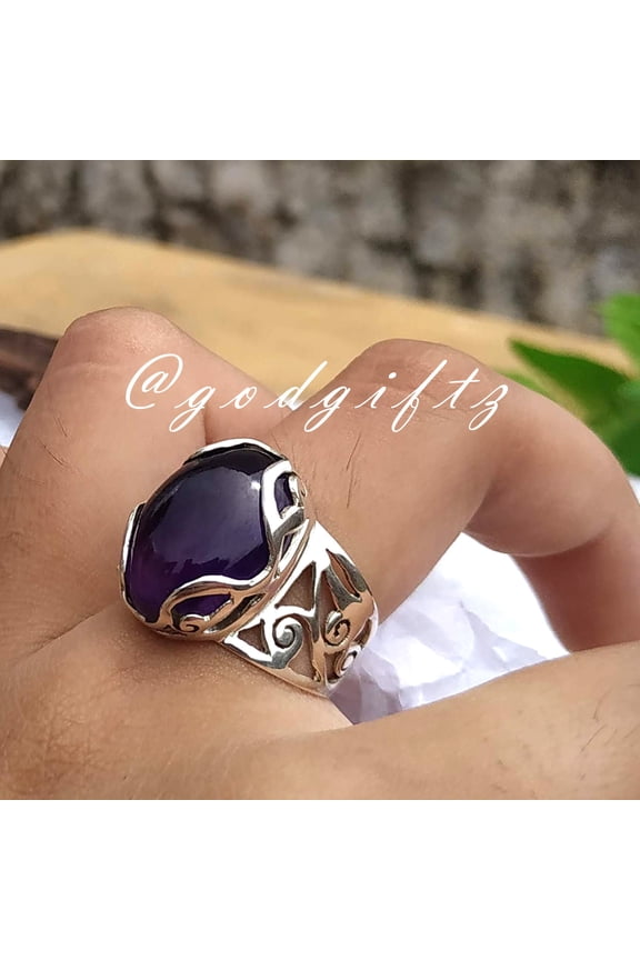 Genuine Amethyst Ring | 925 Sterling Silver Oval Cabochon Gemstone | Handmade Boho Chic Statement Ring