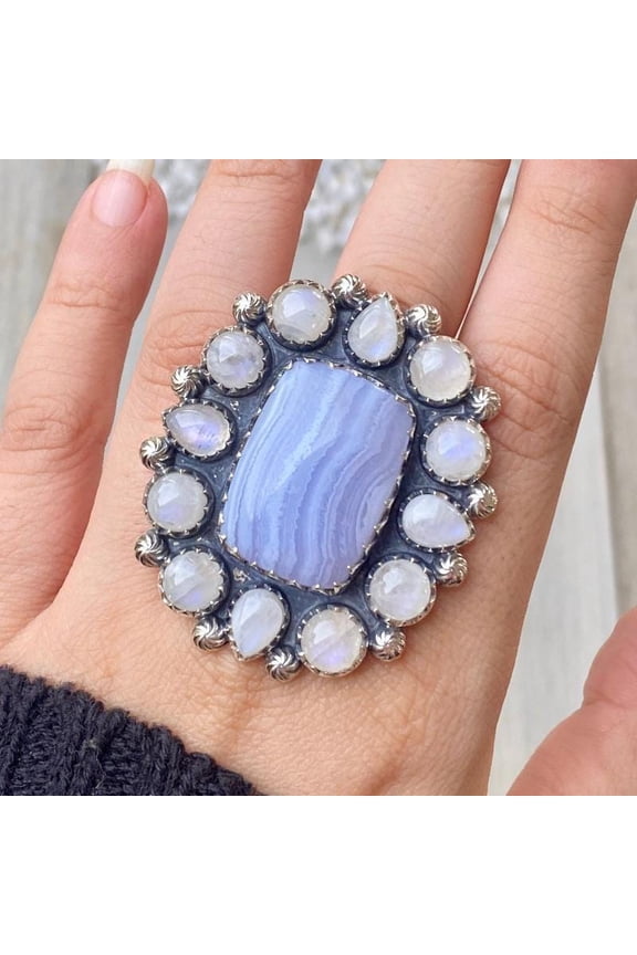 Handcrafted Blue Agate And Moonstone Statement Ring. made In 925 Sterling Silver. Boho Ring, Two Stone Ring, Boho Jewelry, Gift For Her,....