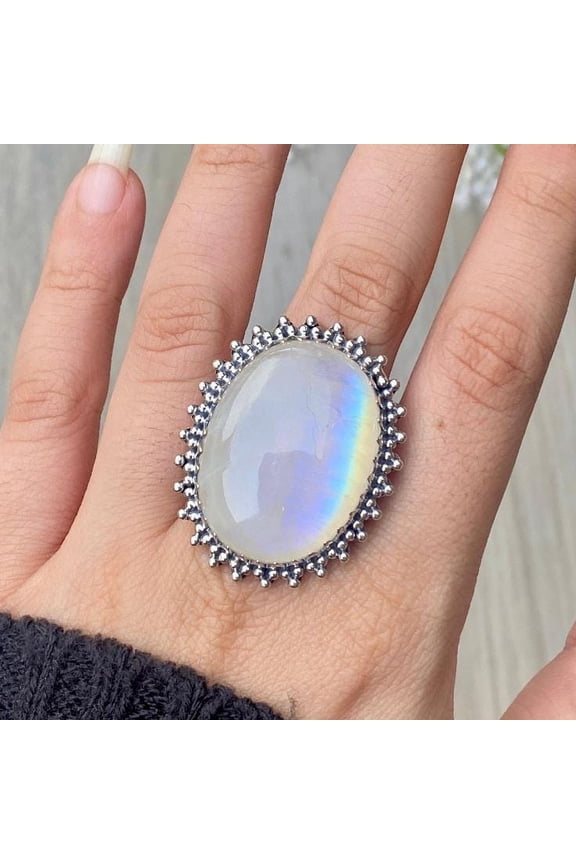 Handcrafted Rainbow Moonstone Statement Ring. made In 925 Sterling Silver. Boho Ring, White Stone Ring, Boho Jewelry, Gift For Her,.....