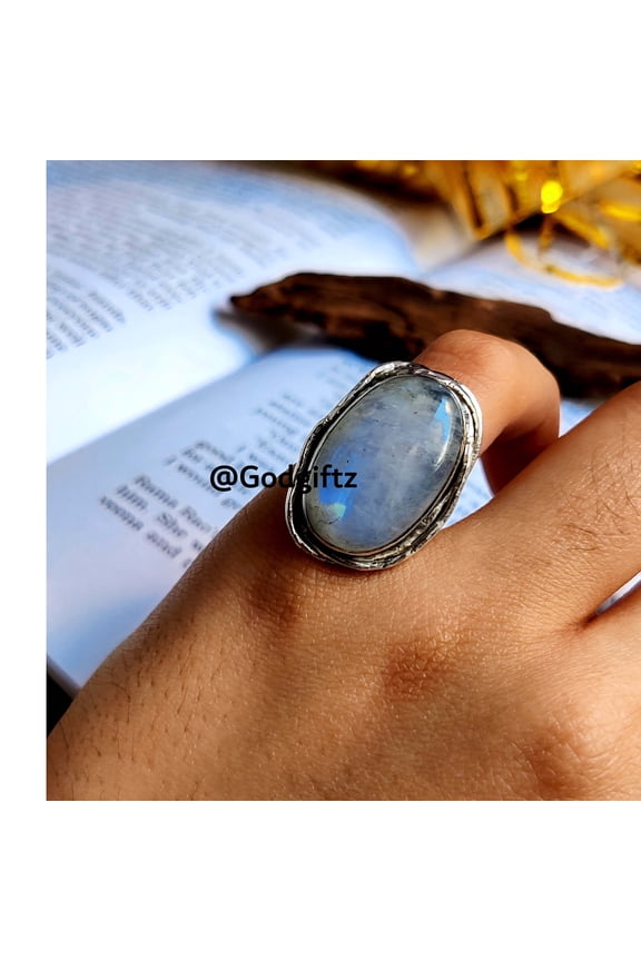 Handmade Rainbow Moonstone Ring: Oval Cabochon, 925 Sterling Silver