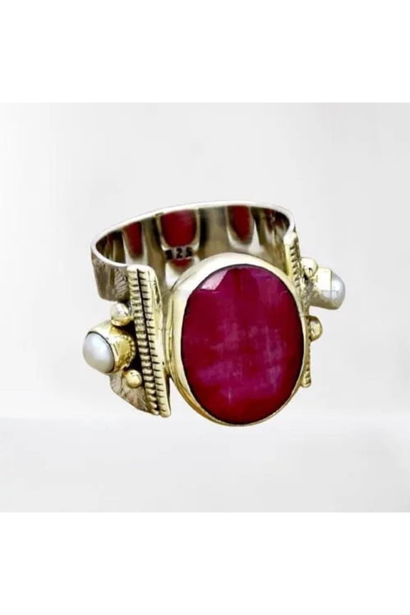 Indian Ruby & Pearl Ring: Floral Wide Band, Two-Tone Finish