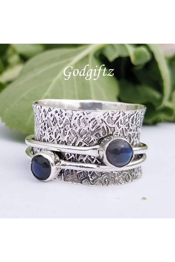 - Labradorite Gemstone Spinner Ring: 925 Sterling Silver Meditation Jewelry