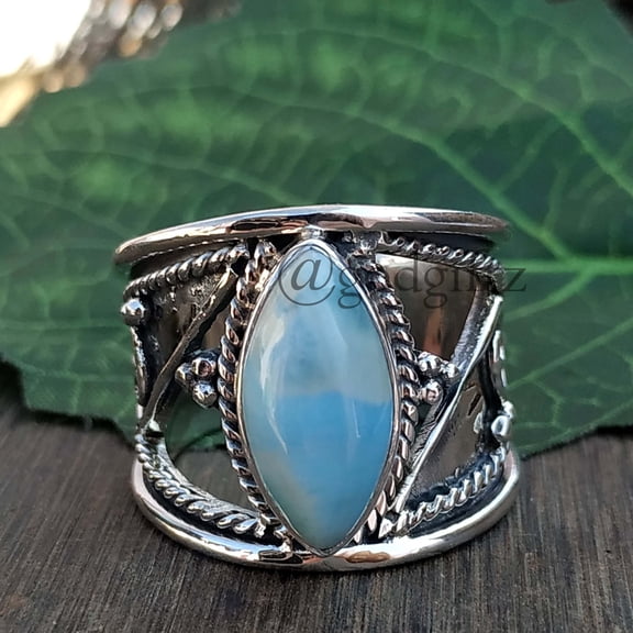 INISHA CREATION Larimar Marquise Cabochon Ring: Sterling Silver Boho Cocktail Ring