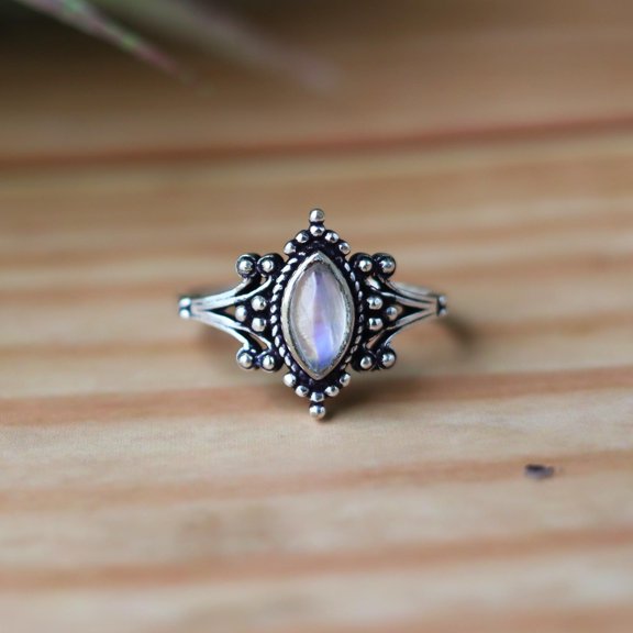 INISHA CREATION Natural Moonstone Ring, Marquise Cut Gemstone, 925 Sterling Silver, Designer Ring, Fashions For Women, Oxidized Ring, Boho Silver Jewelry***
