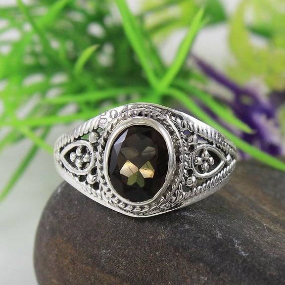 INISHA CREATION Natural Smoky Quartz Ring, 925 Sterling Silver Ring, Handmade Jewelry, Solitaire Ring, Christmas Ring, Birthstone Silver Ring, Gift For Her