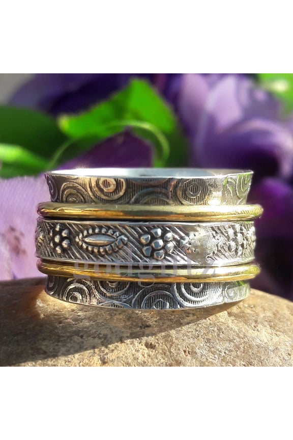 Personalised Floral Spinner Ring in Sterling Silver, Spinning Ring, Kinetic Anxiety Jewellery, Silver Spinner Ring, Spin Ring, Multi Band