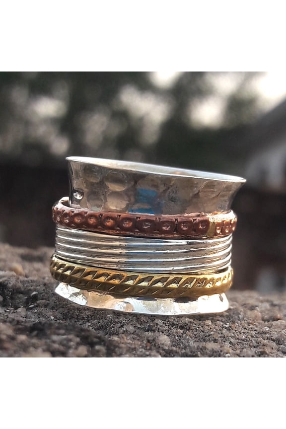 Personalized Textured Spinner Ring in Sterling Silver, Spinning Ring, Kinetic Anxiety Jewellery, Silver Spinner Ring, Spin Ring, Multi Band