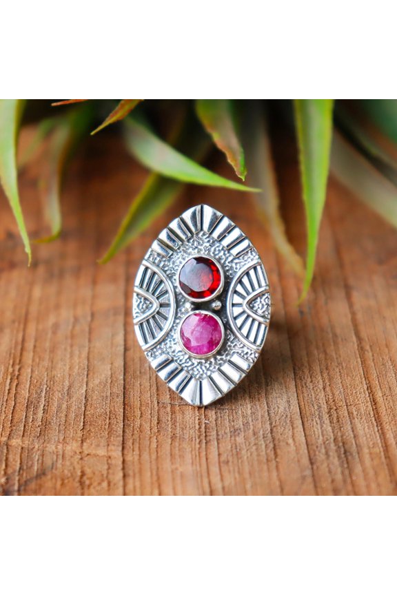 Pink Ruby With Red Garnet Ring, 925 Sterling Silver Ring, Two Type Stone Ring, Pure Silver Ring, Women Ring, Charm Ring, Silver Jewelry,....
