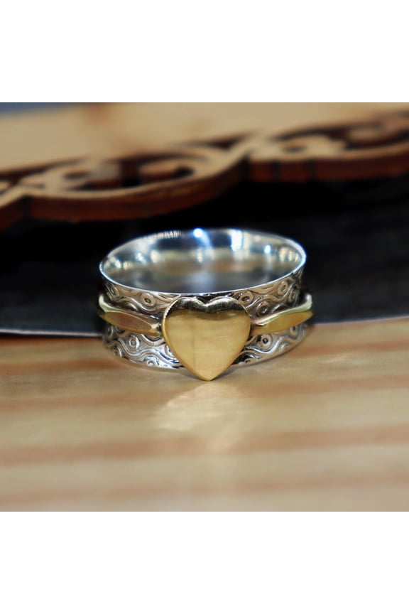 Silver Heart Ring, Boho Spinner Ring, 925 Sterling Silver Ring, Meditation Ring, Anxiety Ring, Hammered Ring, Wide Band Ring, Spiritual Ring