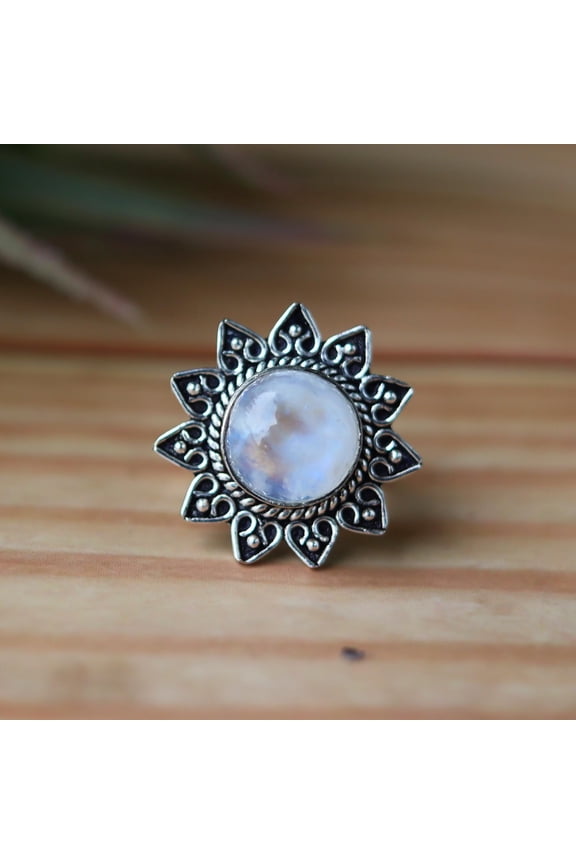 Sunflower Moonstone Ring, Round Shape Gemstone, Oxidized Ring, Designer Ring, Women Ring, 925 Sterling Silver, Handmade Ring, Gift For Love*