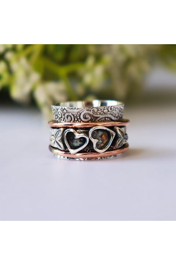 Two-Tone Sterling Silver Spinner Ring | Handmade Fidget Ring for Stress & Anxiety Relief | Meditation Spinner Band for Men & Women