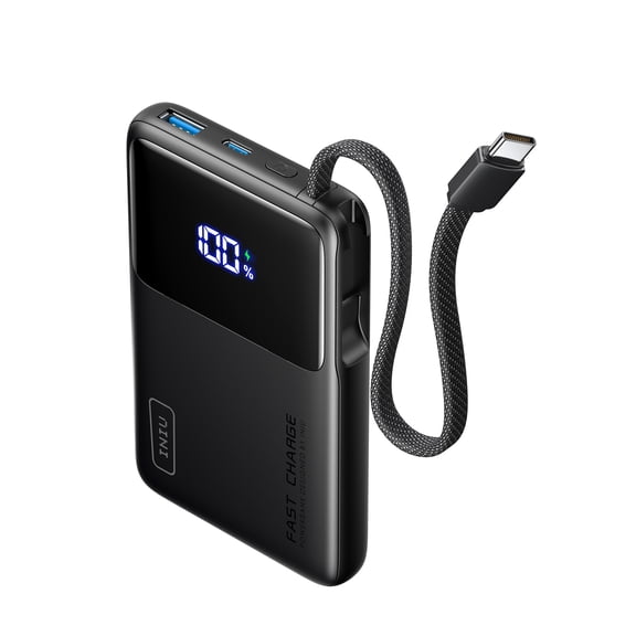 INIU 10,000 mAh Portable Power Bank with Built-in Cables, 45W Fast Portable Charger with USB-C, Battery Pack with LED Display Compatible with iPhone and Android Phone,Hiking,Travel Essentials, Black