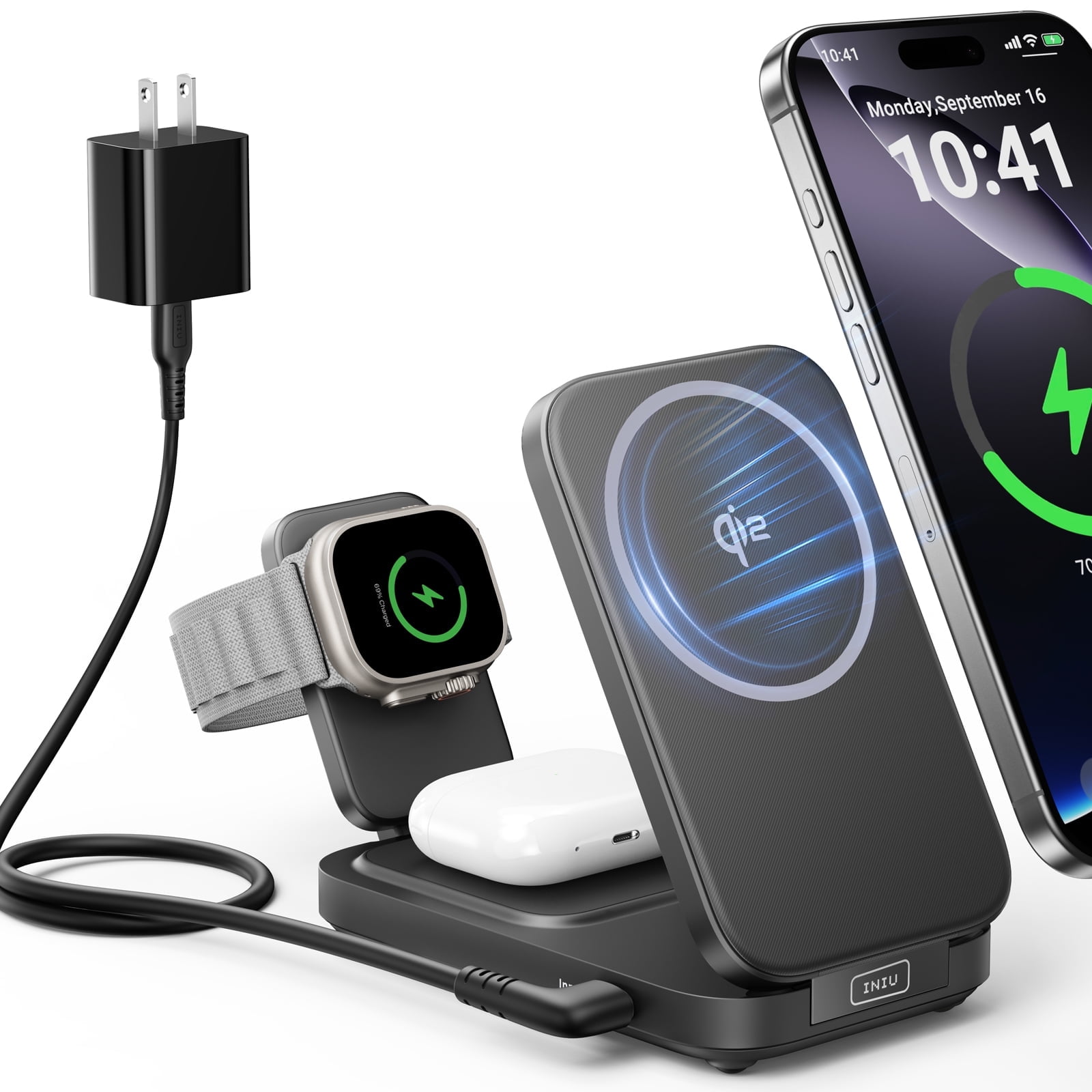 INIU 3 in 1 Wireless Charging Station, Qi2 Certified Mag Safe Travel Charger for Apple Multiple Devices, Foldable Charger Stand for Apple iPhone 12~17 Series Watch AirPods (with Adapter)