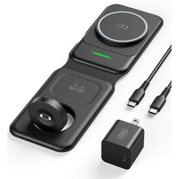 INIU 3 in 1 Charging Station for Apple Multiple Devices, 15W Magnetic Foldable Wireless Charger for iPhone 15 14 13 12, Black(with Adapter)