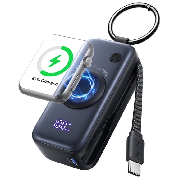 INIU 5000mAh Portabel Power Bank, Apple Watch Charger with Built-in Cable, 3-in-1 Battery Pack for iPhone, Apple Watch, AirPods, Black