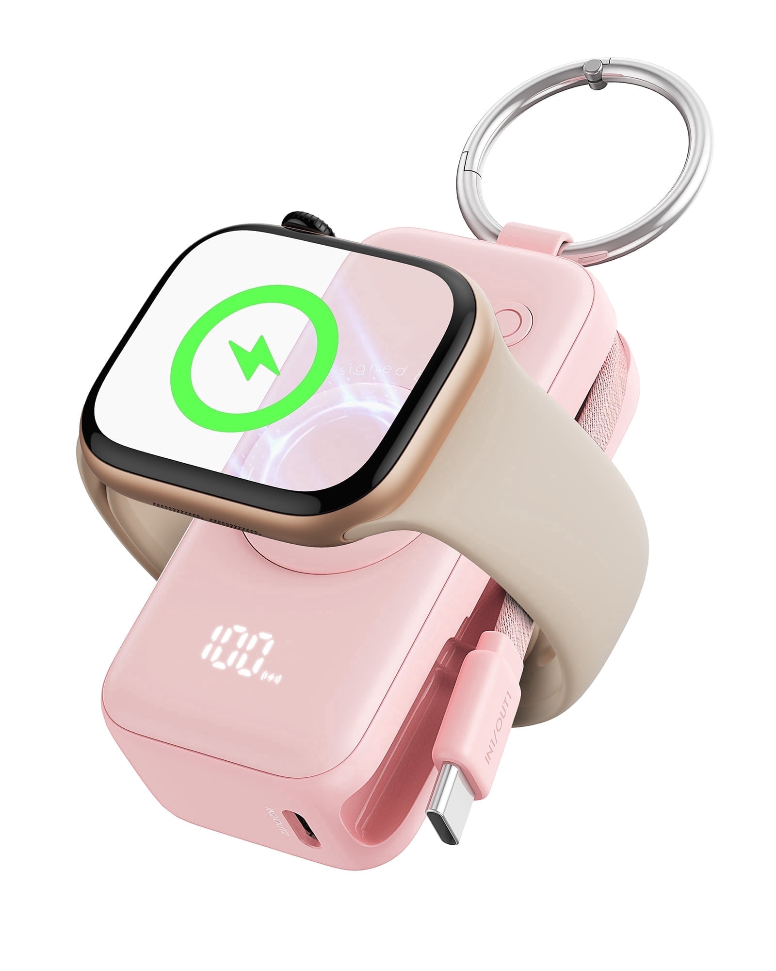 INIU 3-in-1 Portable Charger, Small 5000mAh Wireless Power Bank with Built-in Cable for Apple Watch 10/9/8/Ultra2/Ultra/SE, iPhone 17/16 etc, Pink