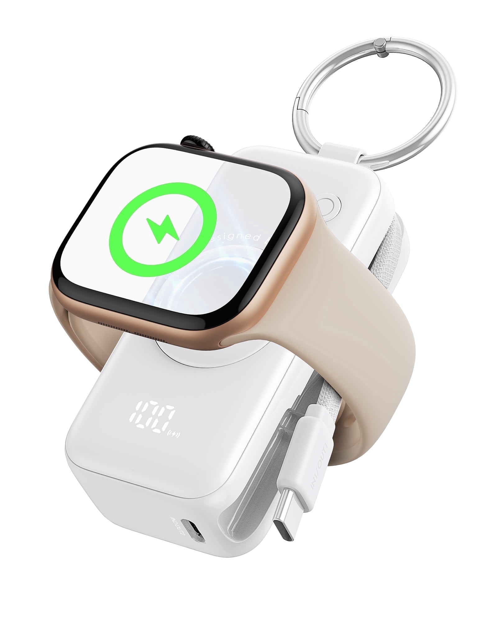 INIU 3-in-1 Portable Charger, Small 5000mAh Wireless Power Bank with Built-in Cable for Apple Watch 10/9/8/Ultra2/Ultra/SE, iPhone 17/16 etc, White