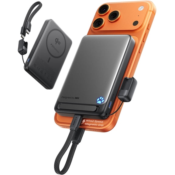 INIU Magnetic Wireless Portable Charger, 10000mAh 45W Power Bank with USB C Cable&Stand, Qi2 Certified Battery Pack, Compatible with iPhone 17/16/15/14/13/12 Only, Black