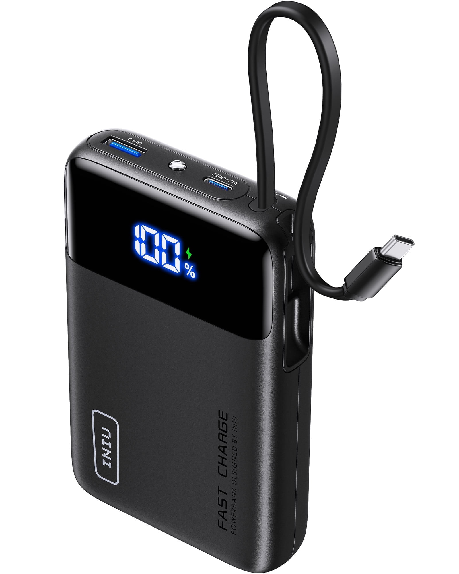 INIU Portable Charger, 20000mAh 45W Power Bank with Built in Cables, Compatible with iPhone & Samsung, Black
