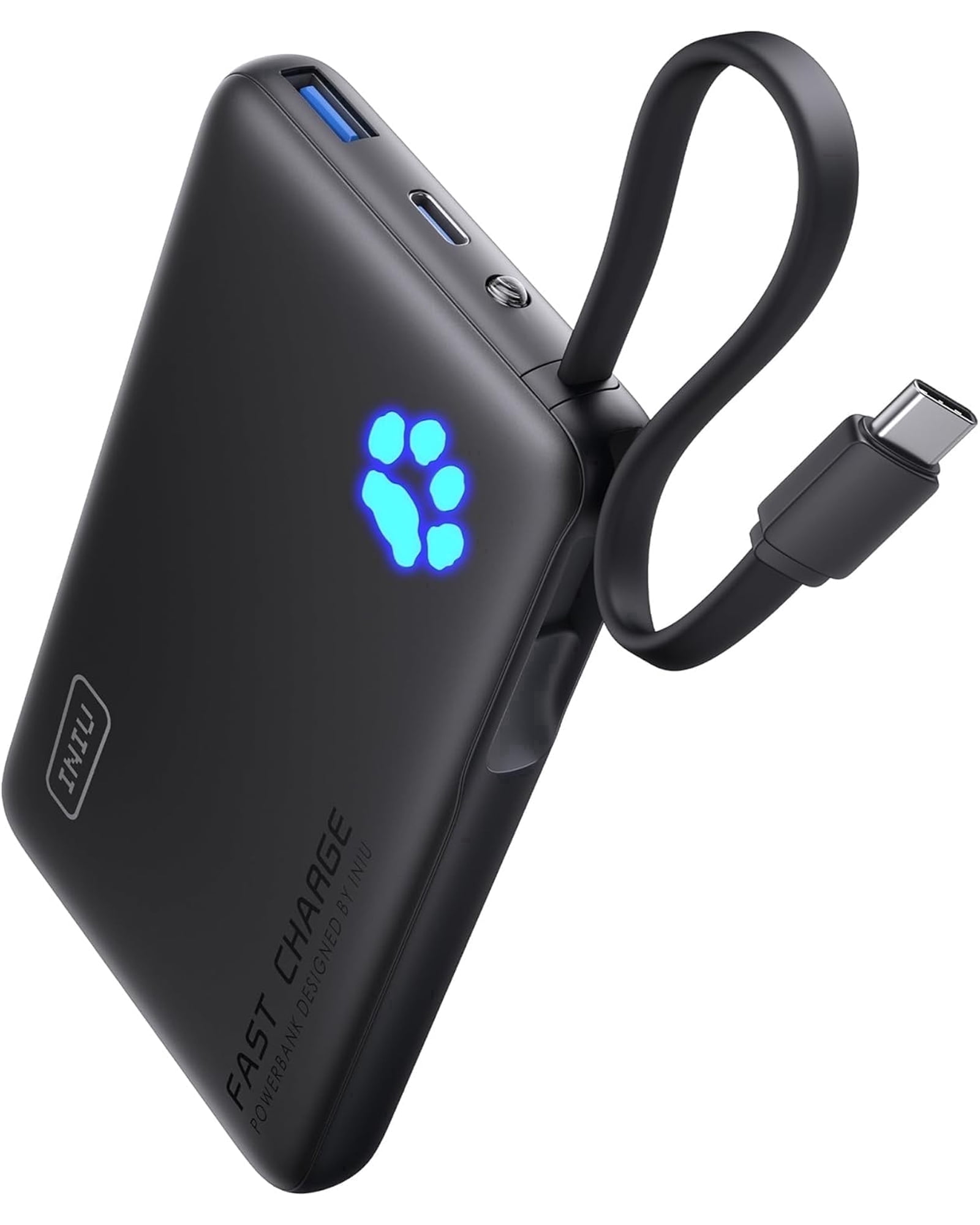 INIU Portable Charger, Slim 45W 10000mAh Power Bank with Build in USB-C Cable for iPhone 17 16 Samsung S22 S21 Google, Black