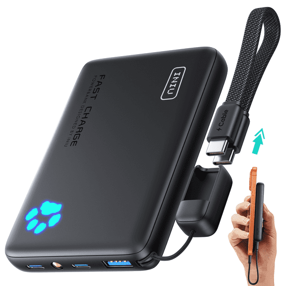 INIU 45W Fast Charging Portable Charger, 40% Smaller 10000mAh with Detachable Cable, Flight-Safe Travel Power Bank, USB C External Battery Pack for iPhone 17 16 Pro iPad Samsung S25 Google etc, Black