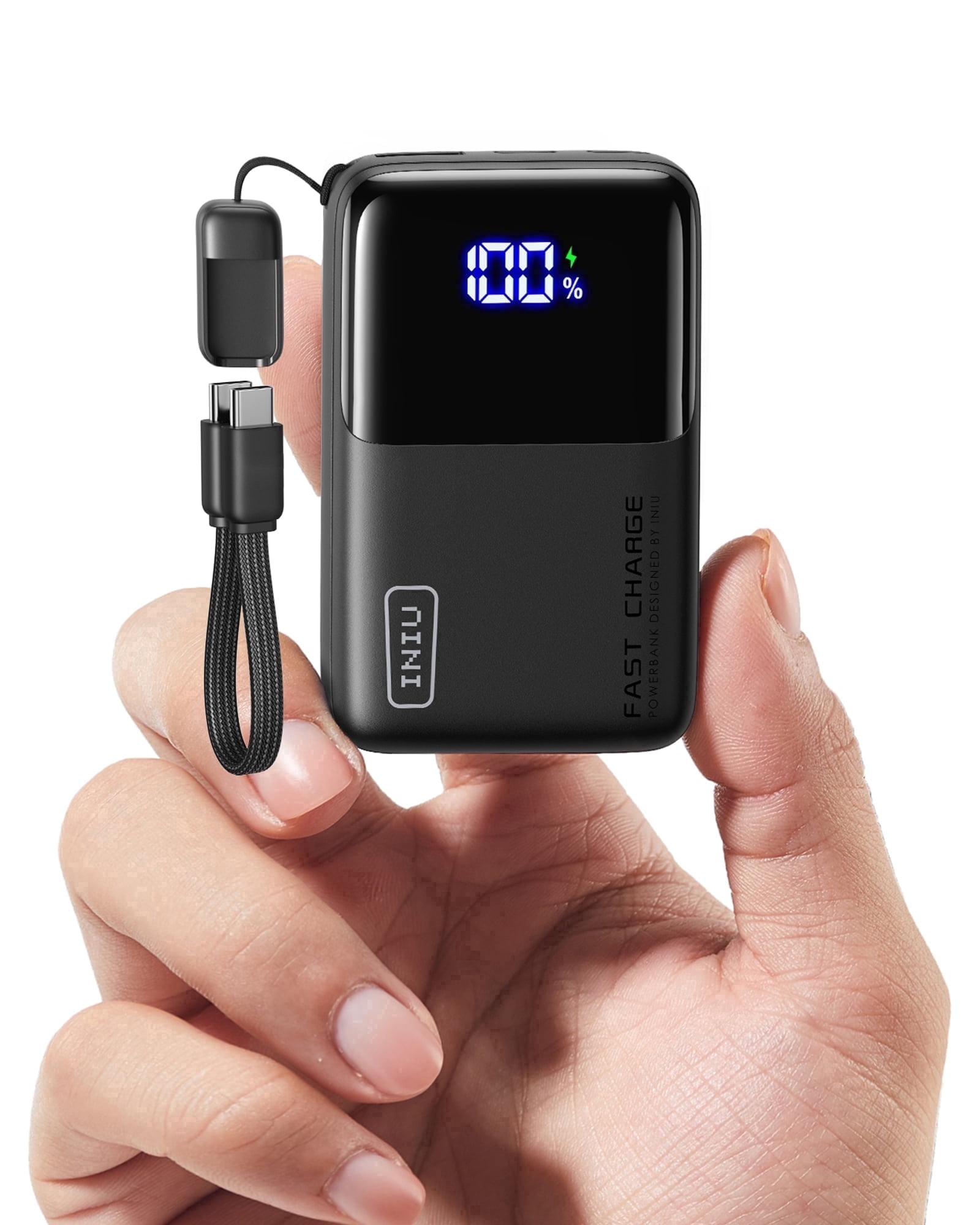 INIU Portable Charger, Ultra Mini 10000mAh 45W Fast Charging with Detachable Cable, Flight-Safe Travel USB C Power Bank for iPhone 17 16 Samsung S26, Google Pixel iPad etc, Black