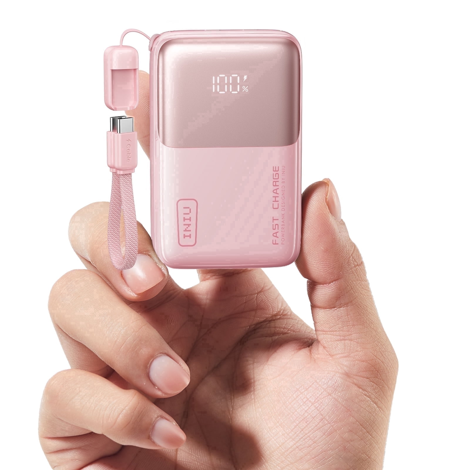 INIU Portable Charger, Ultra Mini 10000mAh 45W Fast Charging with Detachable Cable, Flight-Safe Travel USB C Power Bank for iPhone 17 16 Samsung S26, Google Pixel iPad etc, Pink