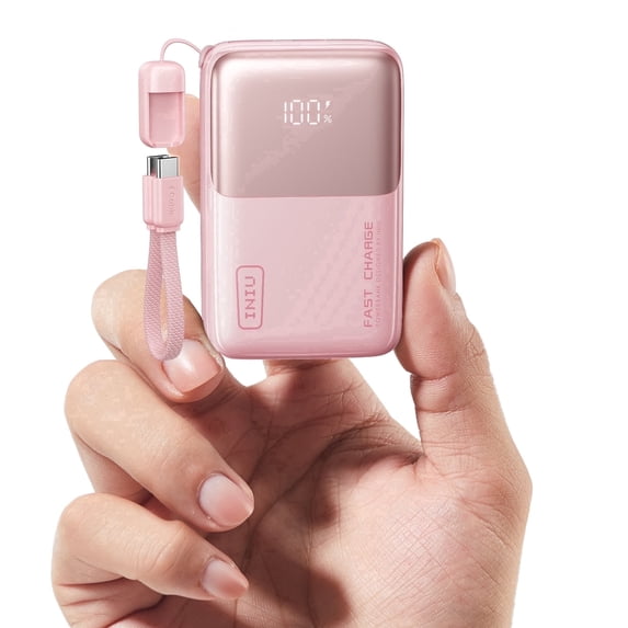 INIU Portable Charger, Ultra Mini 10000mAh 45W Fast Charging with Detachable Cable, Flight-Safe Travel USB C Power Bank for iPhone 17 16 Samsung S26, Google Pixel iPad etc, Pink