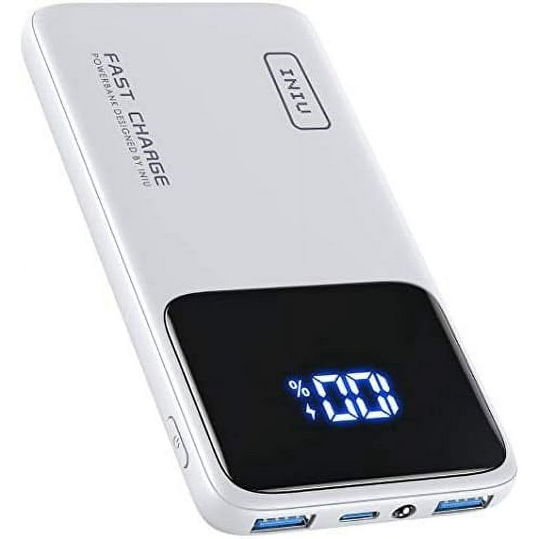INIU Portable Power Bank, Slimmest 10000mAh Portable Charger with LED  Display & Phone Holder, White 