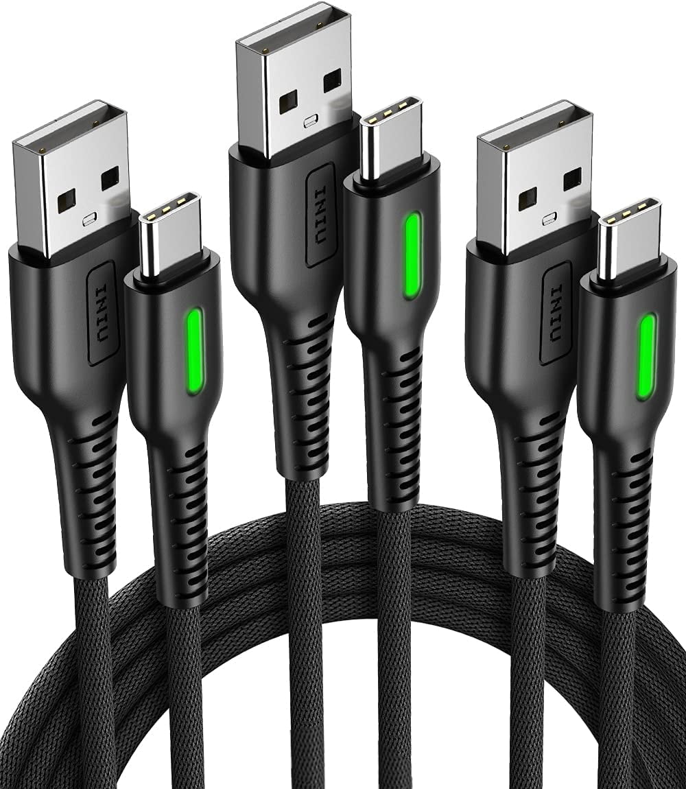 INIU USB C Cable [3 Pack, 6.6ft*2+1.6ft], 3.1A QC Nylon Braided Fast Charging Cord for Samsung iPhone, Black
