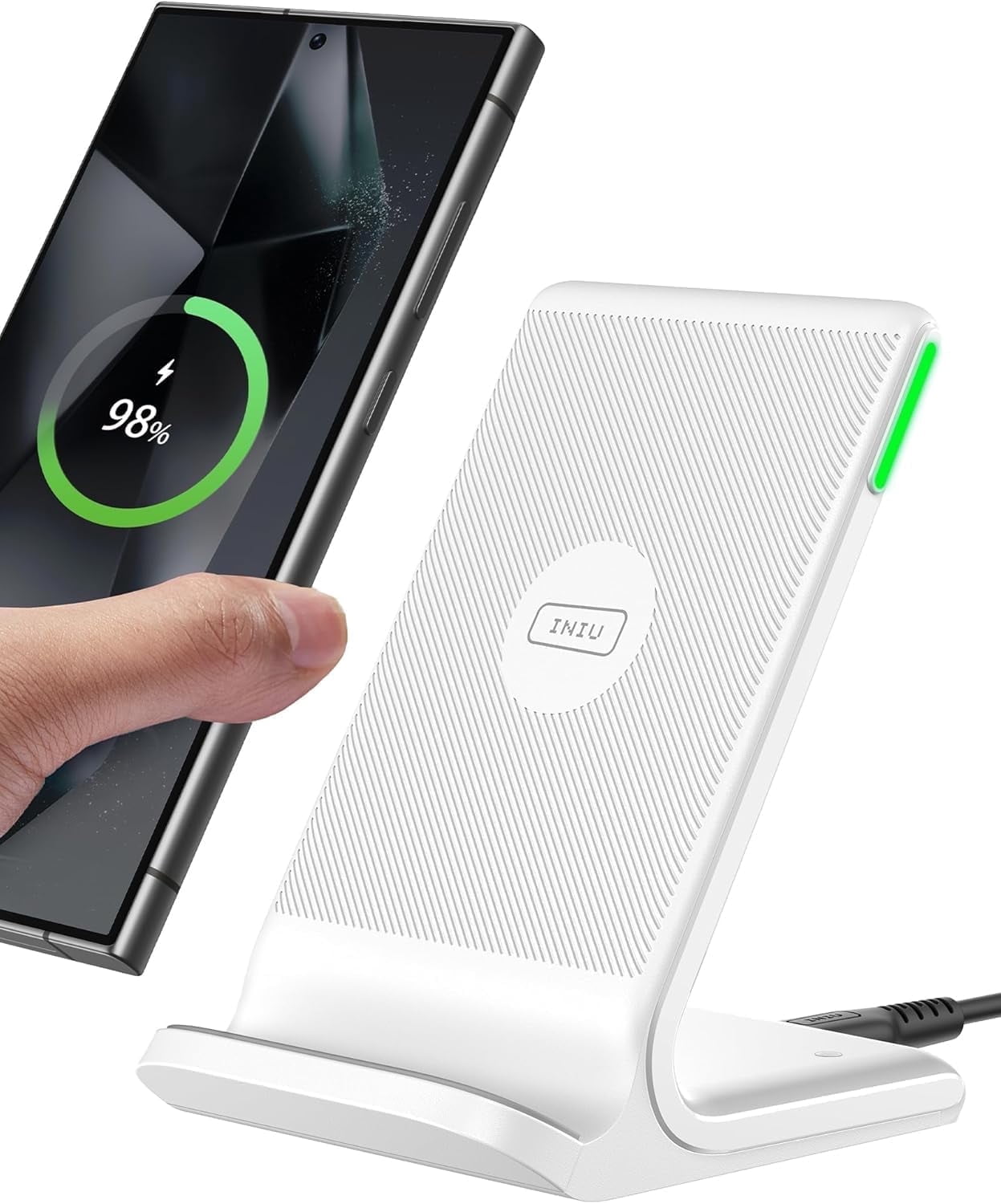 INIU Wireless Charger, 15W Fast Charging Station with Adaptive Light for iPhone and Samsung, White