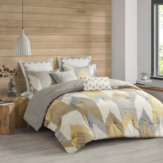 INK+IVY Alpine Geometric 3-Piece Full/Queen Reversible Cotton Ikat Print Comforter Set, Yellow